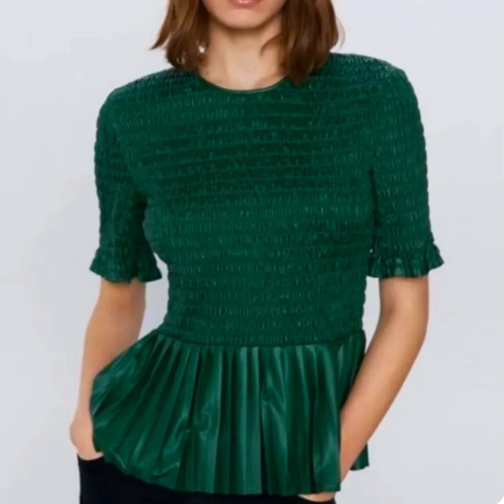 Zara Faux Leather Crinkle Peplum Top
